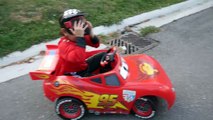 Kid Playing Outside Disney Cars GIANT Lightning McQueen Power Wheels Kids Video Playtime Driving Car