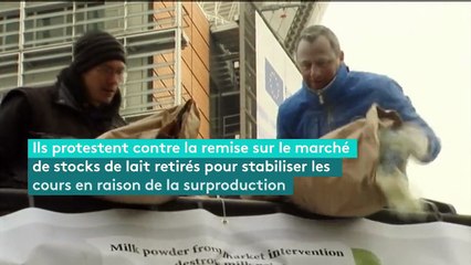 Des agriculteurs bouillants projettent une tonne de lait en poudre sur le siège du Conseil de l'UE, à Bruxelles