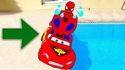 Spiderman CAR CRASH in POOL! McQueen Cars Power Wheels w/ Joker, Mickey Mouse, Hulk in Rea