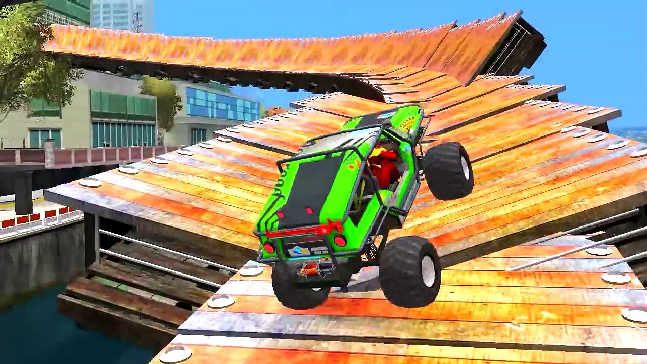 Spiderman Drives FUNNY Monster Truck Bus and Dump Trucks Cartoon 3D Nursery Rhymes Songs for Kids