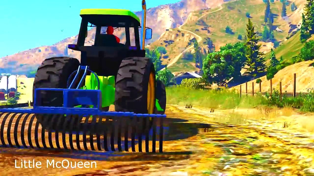 GREEN TRACTOR Spiderman Cartoon - TRACTOR PARTY with Plane + Nursery Rhymes songs for KIDS