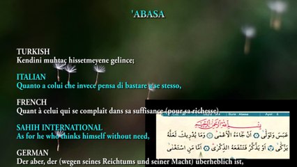 Abasa (Abese Suresi) reading SAHIH INTERNATIONAL, FRENCH, TURKISH, GERMAN, ITALIAN meaning