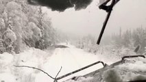 Train plows through trees after snow storm