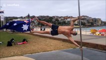 Man channels 'beast mode' to become a human flag for Australia Day