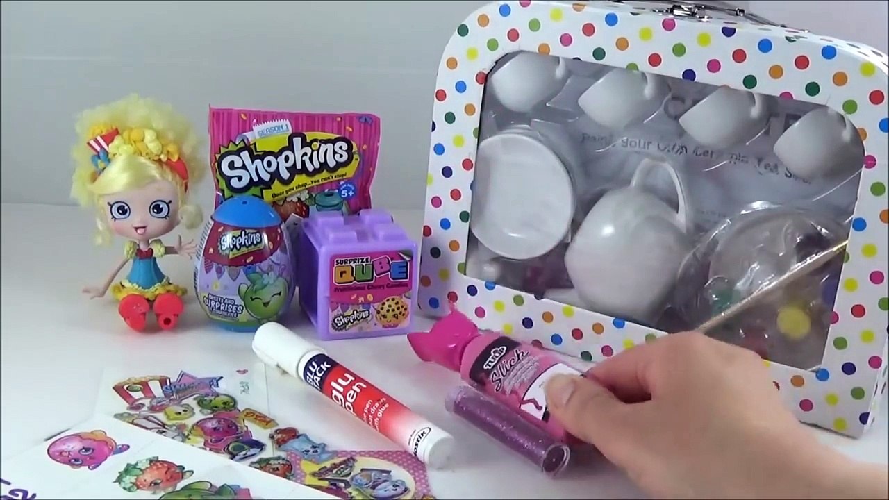 Shopkins DIY Tea Set! Shopkins Surprise Egg, Shopkins Qube, Kids Craft Toy Video Paint Shopkins