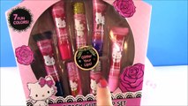 Hello Kitty Tabletop Kitchen & Charm Kitty HK 7 piece Sparkle Lip gloss Set! Unboxing FUN