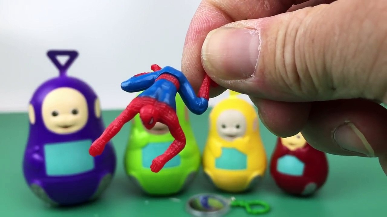 Teletubbies stacking cups tinky winky dipsy laa laa po with kinder joy spider man surprise eggs