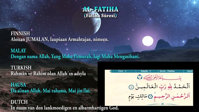 AL-FATIHA reading DUTCH, HAUSA, MALAY, FINNISH, TURKISH meaning