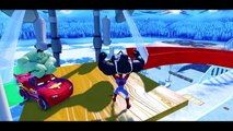 The Amazing Spiderman rides Snow Bikes & Hulk Venom have Fun in Toboggan race Disney Cars Mcqueen