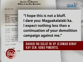 24Oras: Sen. Pimentel, hinamon ni VP Binay na magpakalalaki