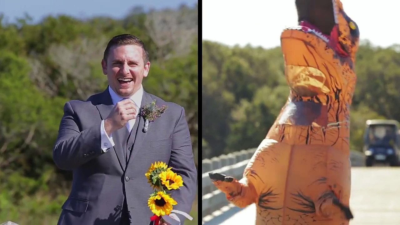 Noiva veste-se de T-Rex no dia do casamento para surpreender o marido
