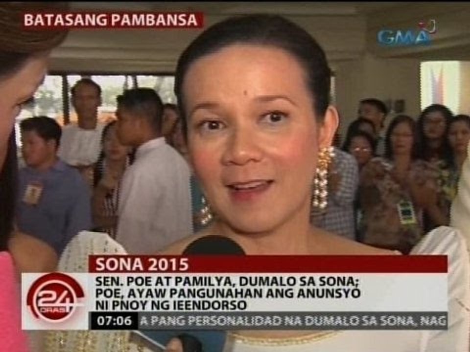 24 Oras: Sen. Poe at pamilya, dumalo sa SONA; Poe, ayaw pangunahan ang anunsyo ni PNoy ng ieendorso