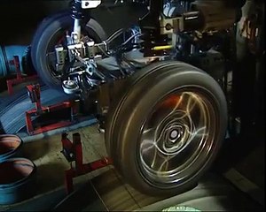 This test rig simulates the dynamic stresses that occur on a race track. Here the chassis is put through it's paces.