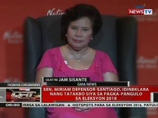 Sen. Miriam Defensor-Santiago, idineklara nang tatakbo siya sa pagka-pangulo sa Eleksoyn 2016
