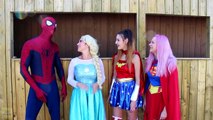 Frozen Elsa is a CANON BALL! w/ Spiderman Maleficent Joker Pink Spidergirl Catwoman! Super