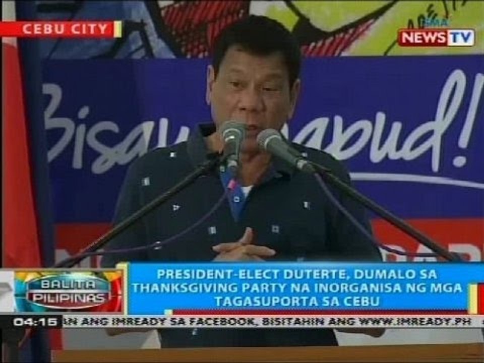 President-elect Duterte, dumalo sa thanksgiving party na inorganisa ng mga tagasuporta sa Cebu