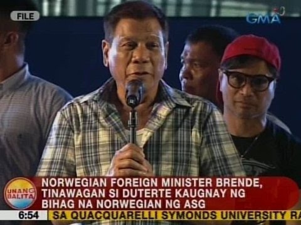 UB: Norwegian Foreign Minister Brende, tinawagan si Duterte kaugnay ng bihag na Norwegian ng ASG