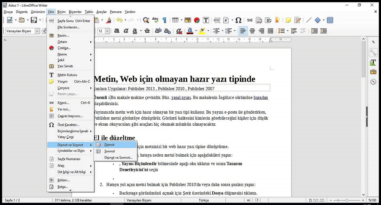 36 Ders - LibreOffice Write metne sayfa numarası ekleme