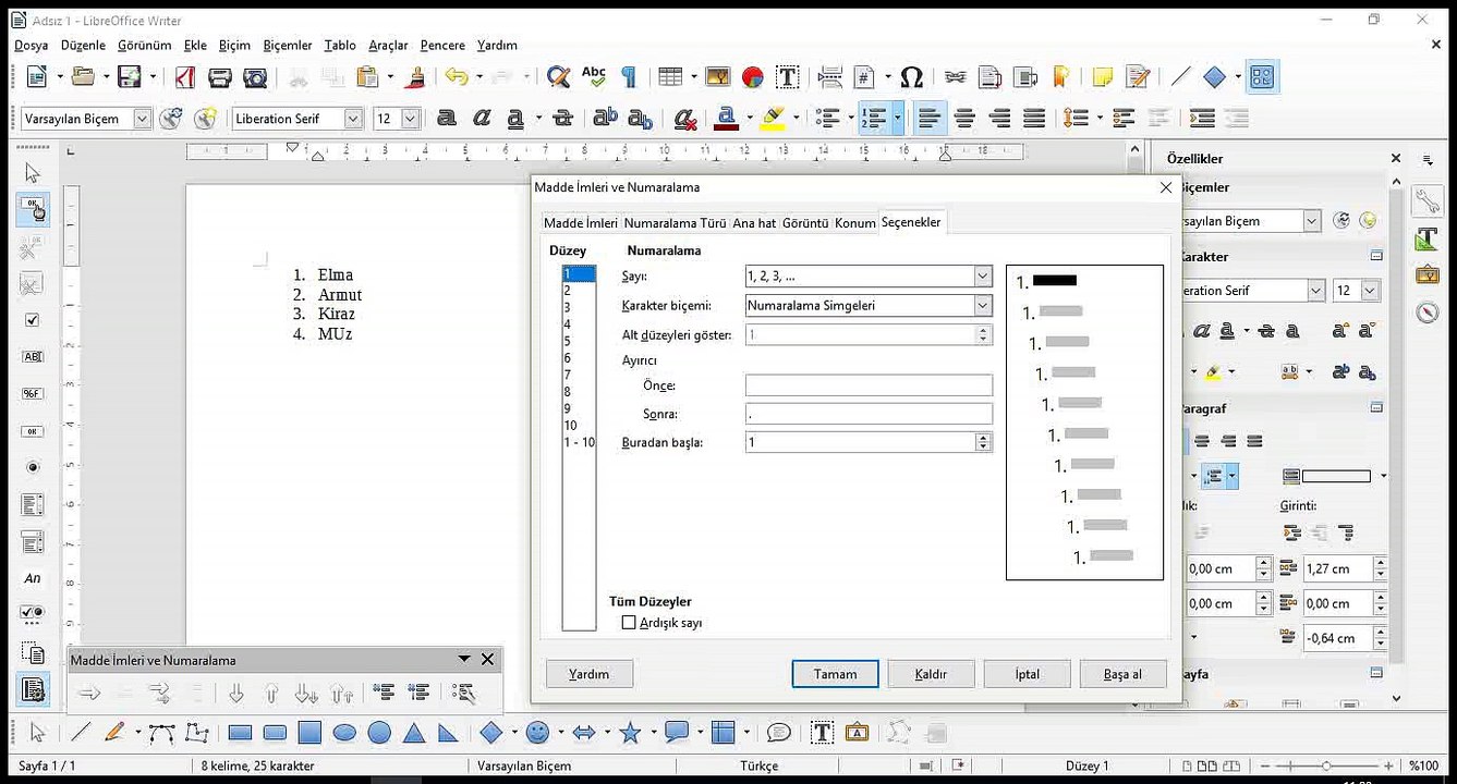 25 Ders - LİbreOffice Write Liste oluşturma