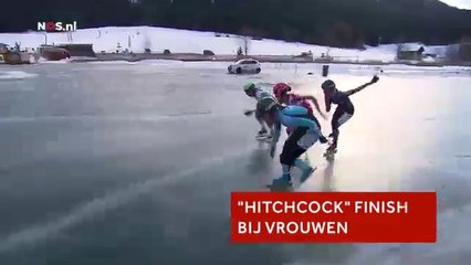 En tête d'une course de patinage elle chute devant l'arrivée.. FAIL