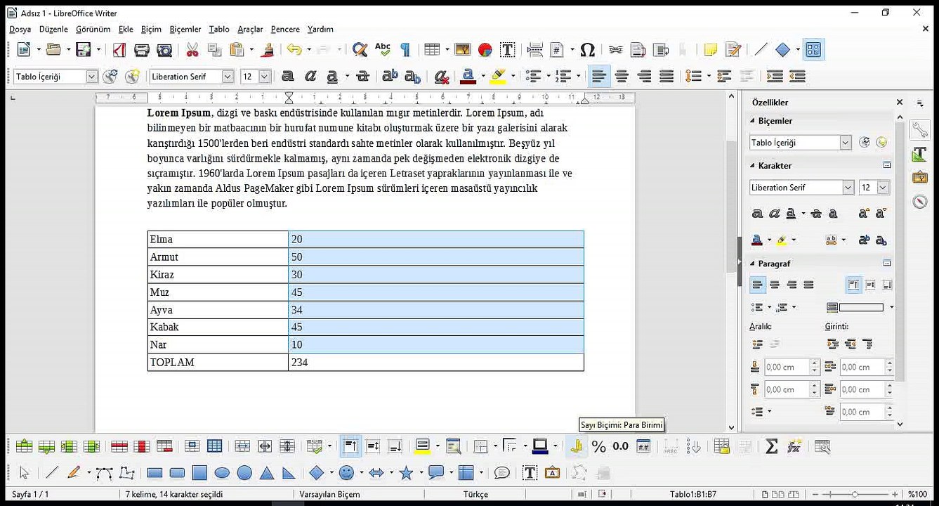53 Ders - LibreOffice Write toplama yapma