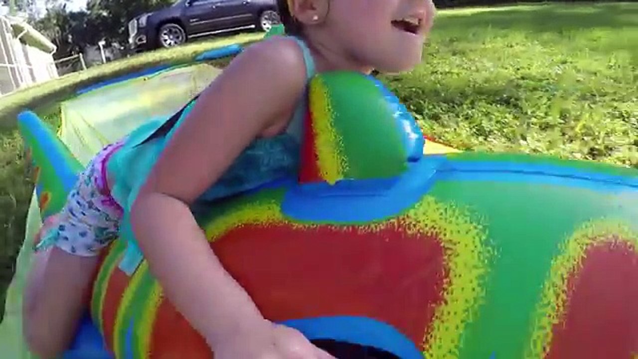 BIG SLIP-N-SLIDE WATERSLIDE + GIANT INFLATABLE TOYS SHARKS on Outdoor Slide Family Fun