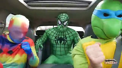 New Superheroes Dancing in a Car: Spiderman, Olaf, T-Rex & Green Spiderman! In Real Life Movie! B^)