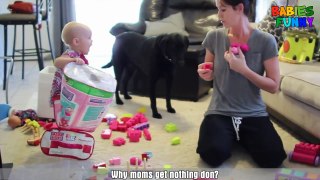 Funny baby toddler doing Housework