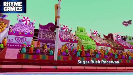 Lightning McQueen from Cars racing in Sugar Rush from Wreck is Ralph