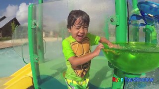 Playing in the fun activities in the water park swimming pool