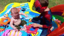 Spiderman Babysits Baby Eli Baby Sprinkles Splash Park Pool ~ Spidey Kid In Real Life Superhero