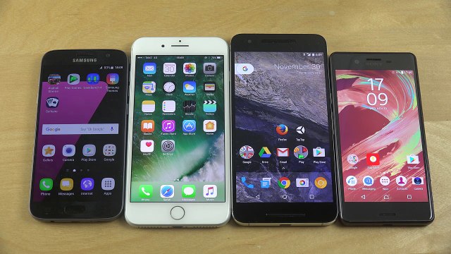 Samsung Galaxy S7 Android 7.0 vs. iPhone 7 Plus vs. Nexus 6P vs. Sony Xperia X Performance Speed!