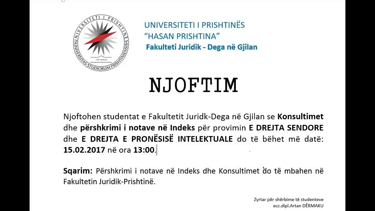 Njoftim- E  DREJTA SENDORE dhe E DREJTA E PRONËSISË INTELEKTUALE  (15.02.2017)