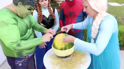 Spiderman & Frozen Elsa vs WATERMELON CHALLENGE w/ Frozen Anna & Hulk - Funny Superhero Video