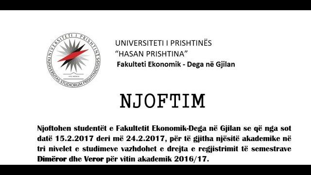 Njoftim- Shtyhet afati per pagese te semestrit deri me 24.02.2017