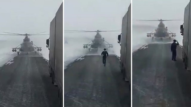 Un pilote pose son hélicoptère sur la route pour aller demander son chemin