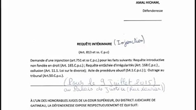Preuves de divorce trois (3). Requête du 6 Juillet 2015 par Amal Hicham. Jugement du 9 Juillet 2015 par la juge Carole T