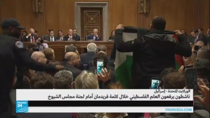 ناشطون يرفعون العلم الفلسطيني خلال كلمة فريدمان أمام مجلس الشيوخ