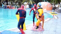 TWIN Spiderman Rides a Bicycle , Swimming Pool Spiderman! w/ Summertime Superhero in Real