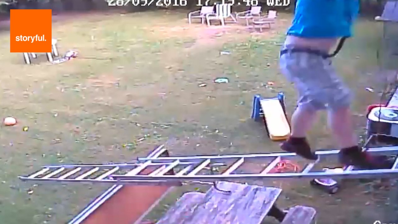 Father Teaches Son How Not to Clean Gutters