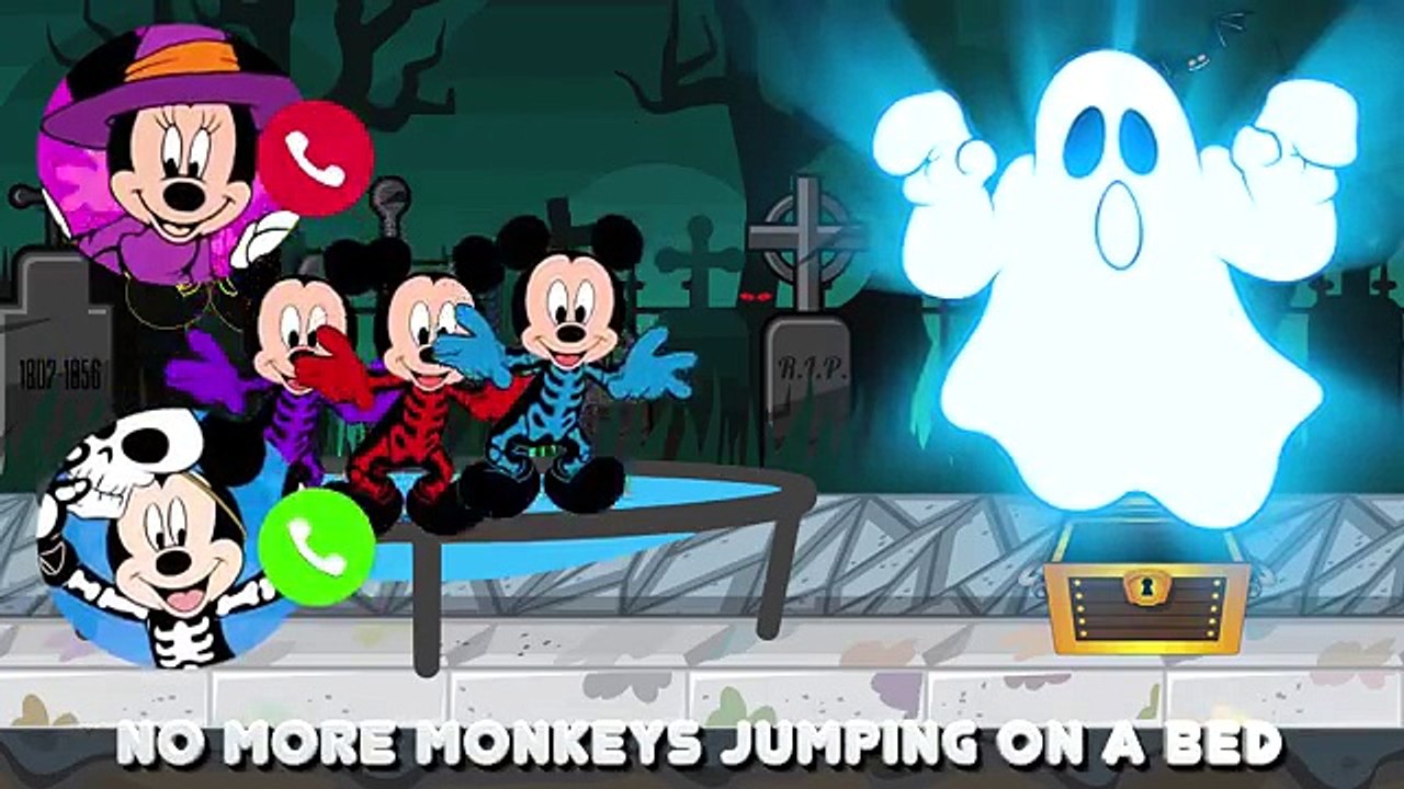 Five Little Skeleton Mickey Mouse Jumping on the Bed with Ghosts