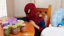 Spiderman Feeds WORLDS CUTEST Baby Eli~ Baby Food Challenge Spiderman Babysitting DisneyCa