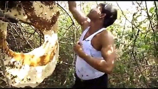 brave man doing amazing stant honey bee. Honey bee kept in inner wear