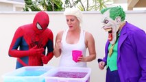 Frozen Elsa & Spiderman GROSS GELLI BAFF TOY CHALLENGE vs Joker - Superhero Fun in Real Life IRL  -)-FN