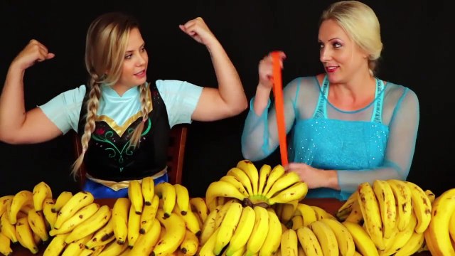 Frozen Elsa vs Anna BANANA CHALLENGE Food Fight w _ Spiderman Joker Maleficent - Superhero Fun IRL-I
