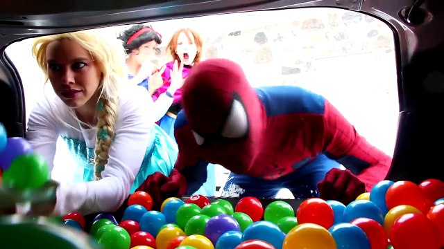 Frozen Elsa & Spiderman BALL PIT CAR PRANK! w Princess Anna Joker Maleficent Real Life Superheroes