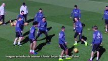 Casemiro toca a bola entre as pernas de CR7 e Marcelo zoa