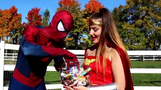 Frozen Elsa & Spiderman CANDY CHALLENGE! w  Joker Anna Belle Maleficent Wonder Woman! Superhero Fun