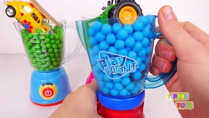 Blenders Filled with Candy and Toy Vehicles for Kids!! Learn Colors with Tow Truck Tractor and More