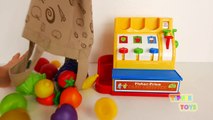 Learn names of fruits vegetables colors toy velcro cutting food cash register shopping car